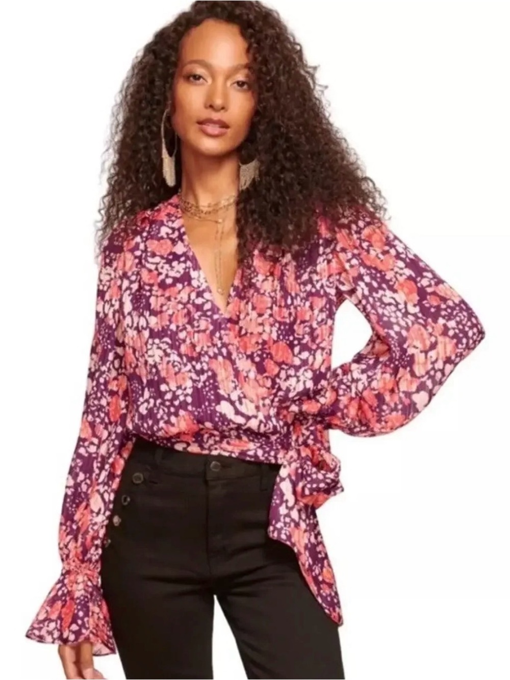 Ramy Brook Floral Wrap Blouse - Burgundy & Pink
